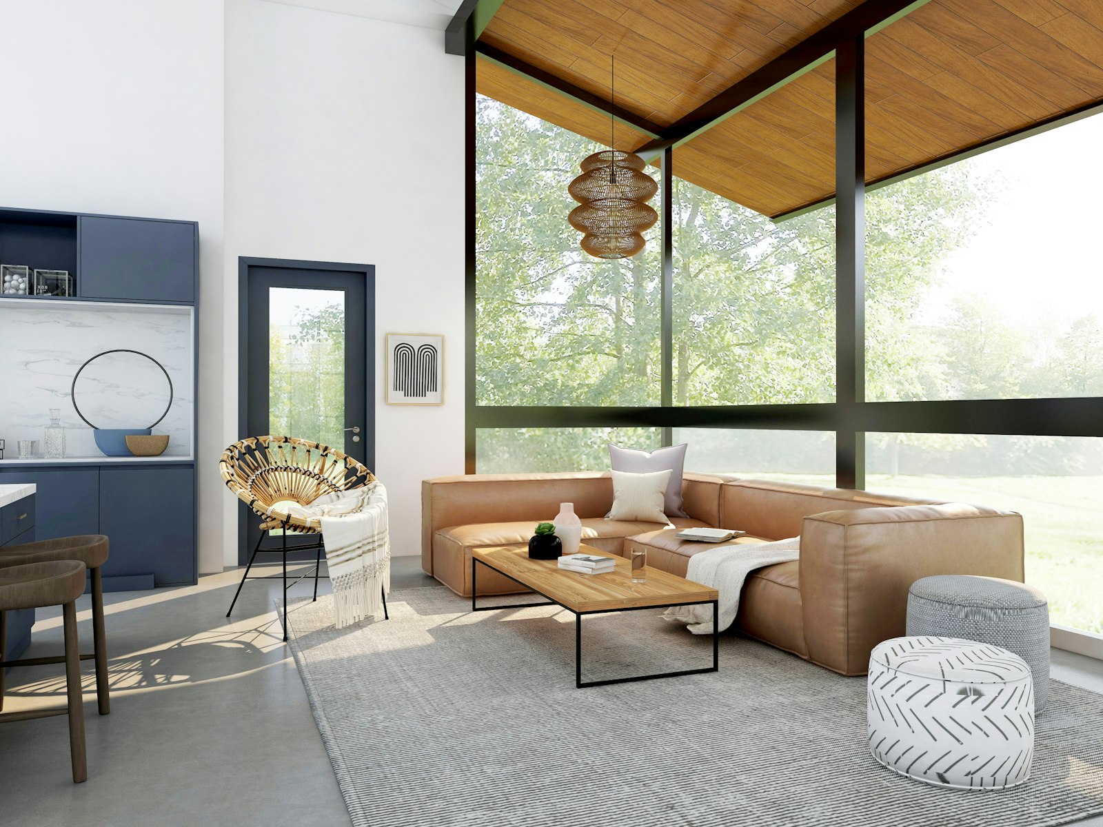 Soft interior with layered textiles, a low table, and daylight from one side